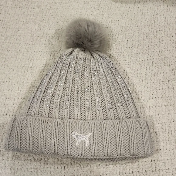 Victoria’s Secret Gray Pom Pom Rhinestone Winter Hat Victoria main image 2